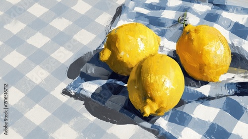 Lemons Resting on a Gingham Tablecloth With a Vintage Brush Stroke Style Generative AI