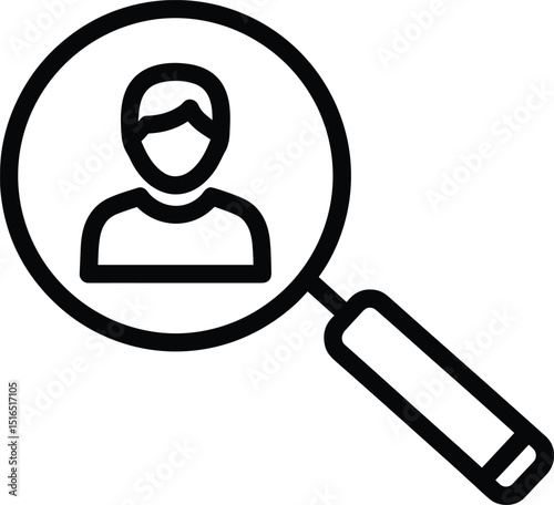 User Search Icon / KYC Icon - Outline magnifying glass focusing on a person silhouette, symbolizing user search, know your customer (KYC), identification, or recruitment.
