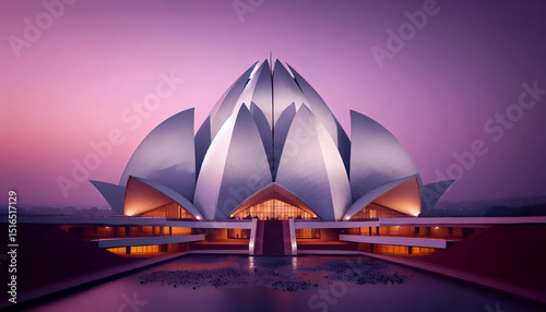 The pristine white Lotus Temple in Delhi at twilight, Ai generated image