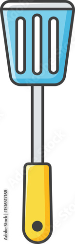 Cartoon illustration of a kitchen spatula with a blue slotted head and yellow handle