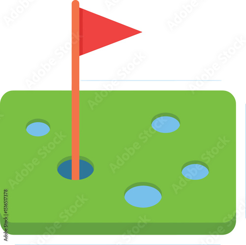 Flat icon illustrating a golf green with a red triangular flag marking one hole, and three other empty blue-shaded holes visible on the green surface.