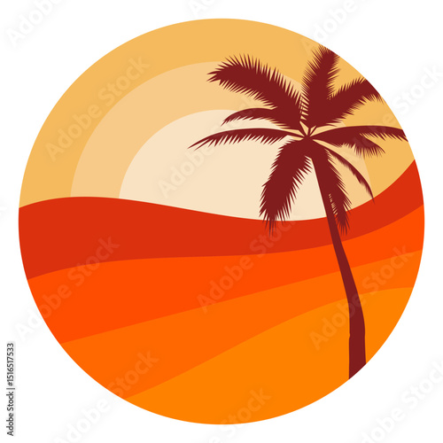 Circle with a palm tree and a sunset