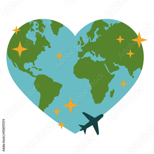 Heart shaped earth with a plane flying around it
