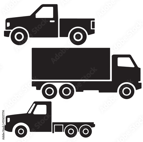 Outline Drawings of Different Types of Trucks, Black Silhouettes of Delivery Trucks and Flatbed, Black Silhouette Truck Icons Variety