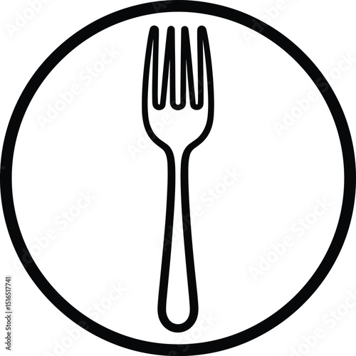 Black outline icon of a four-tined dining fork centered within a simple circle, representing food, restaurant, or cutlery.