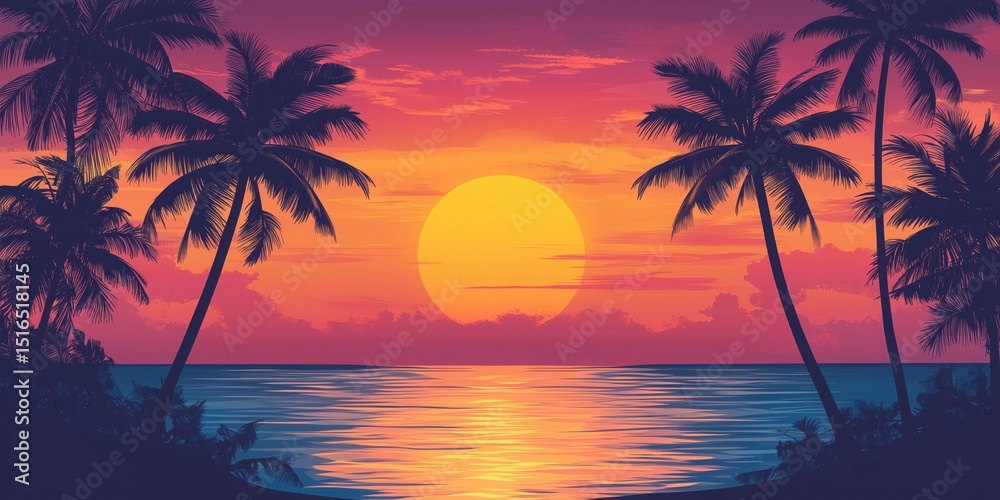 Obraz premium A vibrant, dreamy illustration of palm trees silhouetted against an orange and pink sunset over the ocean.
