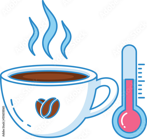 Hot coffee cup with steam and a thermometer indicating high temperature