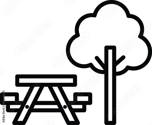 Line art icon of a picnic table with attached benches next to a simple tree, representing outdoor recreation or a park setting