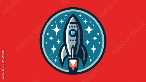a logo that features a retro-inspired rocket ship, shades of blue and grey,
