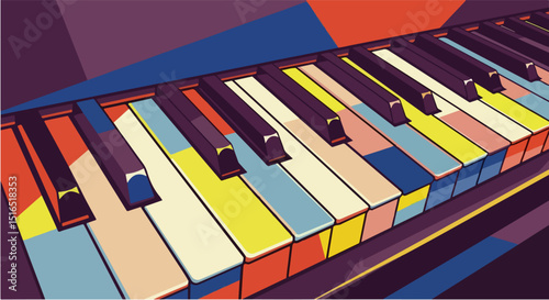 Vibrant vector pop-art illustration of piano keys rendered in bold, fragmented color blocks with sharp outlines, creating depth and rhythm through geometric composition and stylized lighting.