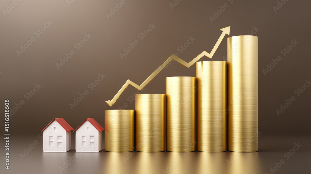 Property loan interest concept with small house model and stacked gold coins showing financial growth