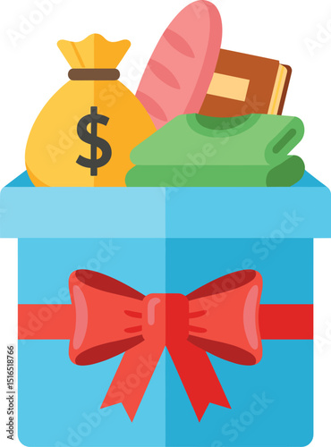 Charity donation box filled with a money bag, food, clothing, and a book