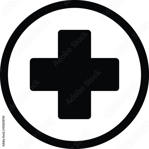 Simple black medical cross or plus sign inside a circle icon