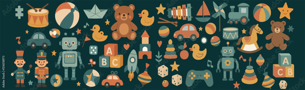 Obraz premium Playful children’s toys and joyful activity scenes in colorful style