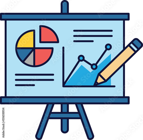Business presentation on a whiteboard easel with a pie chart and a line graph