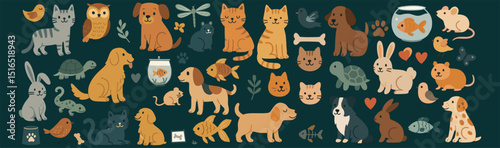 Adorable pets including cats, dogs, and small home animals in playful illustration