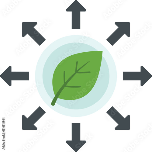Ecology and environment icon with a central leaf and arrows pointing outwards