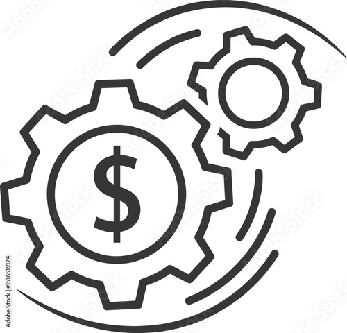 Cost optimization and financial management line icon with turning gears and a dollar sign
