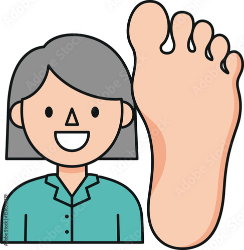 Podiatry or foot care icon with a cartoon person and a large foot