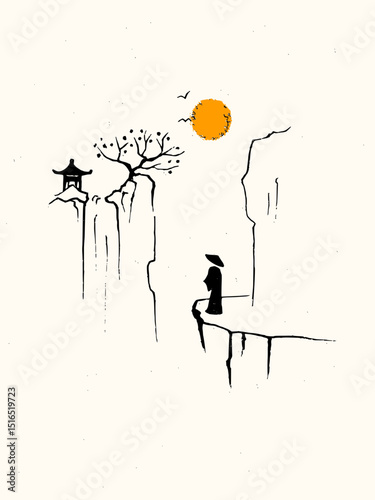 Silhouette of person on cliff with sun and pagoda