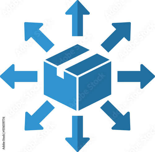 Distribution and logistics icon showing a central box with arrows pointing outwards