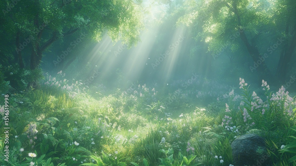 Obraz premium Sunlight streams through a lush forest floor