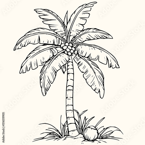 Outlined palm tree with coconut and grass drawing