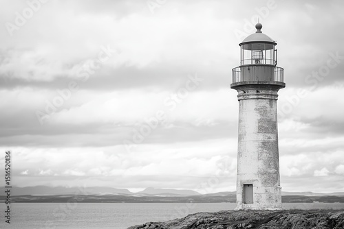 A black and white photo of a lighthouse, A black and white photo of a tall lighthouse standing against a cloudy sky