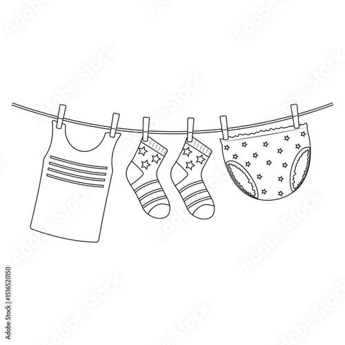 Wet children's clothes are drying, hung on a clothesline, black outline