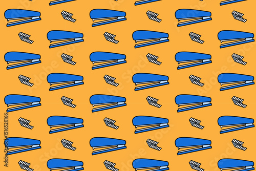 Seamless pattern of blue staplers and staples on a yellow background. Suitable for stationery, office supplies, back to school designs, and textiles.