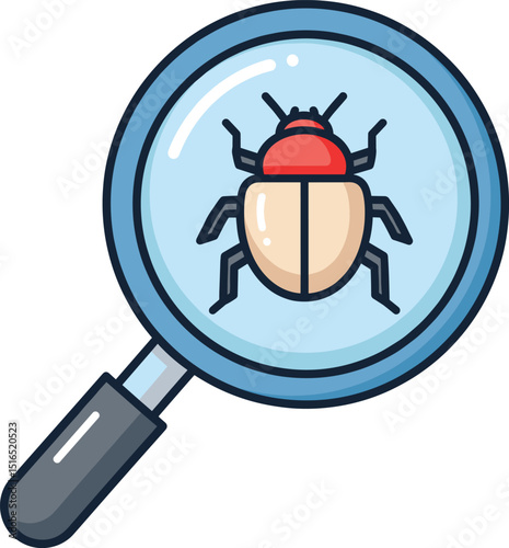 Icon showing a magnifying glass enlarging a stylized beetle or bug, symbolizing bug searching, pest inspection, or software debugging