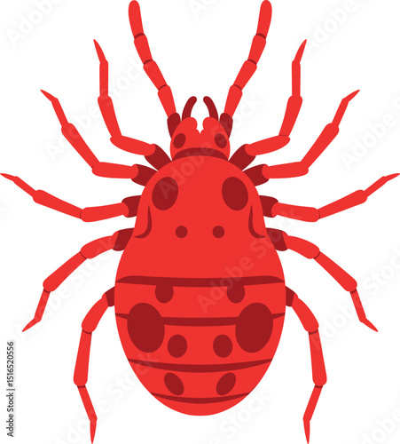 Detailed illustration of a red mite, also known as a chigger or red bug, showcasing its eight legs and body segmentation
