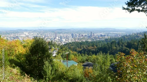 Portland, Oregon as seen from a high elevation, the Pittock Mansion grounds in the west hills.