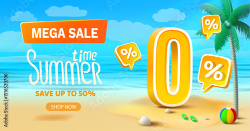 Summer time, sale offer 0 percentage, flyer save season. Vector illustration
