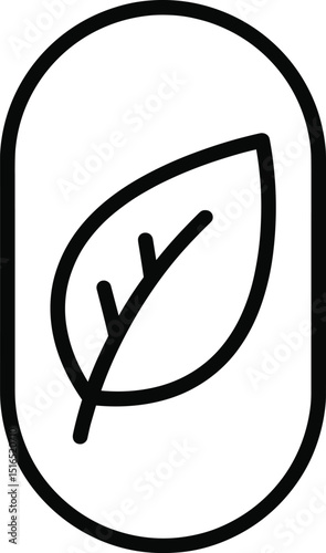 Simple black outline icon of a leaf enclosed in a vertical oval frame, symbolizing nature, ecology, or organic products