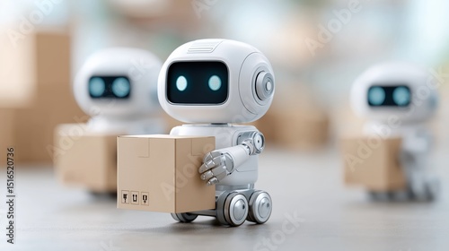 A futuristic robot holds a small cardboard box in a bright environment, representing logistics automation and modern AI. E-commerce, delivery services, warehouse technology and robotics, shop