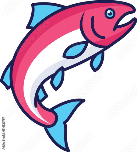 Stylized cartoon illustration of a salmon fish, depicted in pink and white with blue fins, in a jumping pose