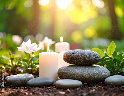 Peaceful scene of white candles and stones in a garden setting