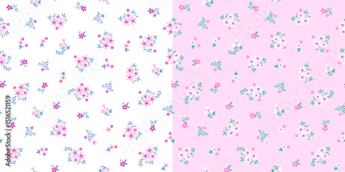 Sweet summer pink and white ditsy floral seamless print