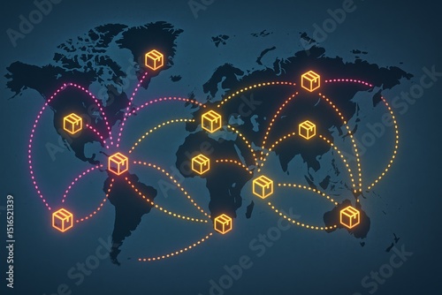A dark-themed global map is overlaid with glowing orange and pink delivery boxes connected by dotted lines, representing international shipping, logistics, delivery