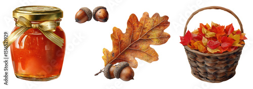 Watercolor Autumn Elements: Jar of Orange Jam, Acorns, Oak Leaf, and Basket of Maple Leaves