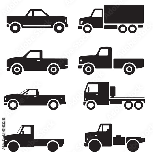 Outline Drawings of Different Types of Trucks, Black Silhouettes of Delivery Trucks and Flatbed, Black Silhouette Truck Icons Variety