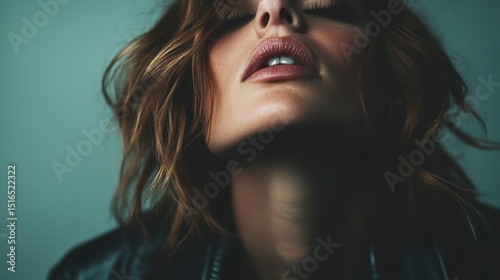 An intimate clip capturing a woman with a sultry expression, emphasizing her lips and jawline in a softly lit ambiance that evokes a sense of allure and confidence.