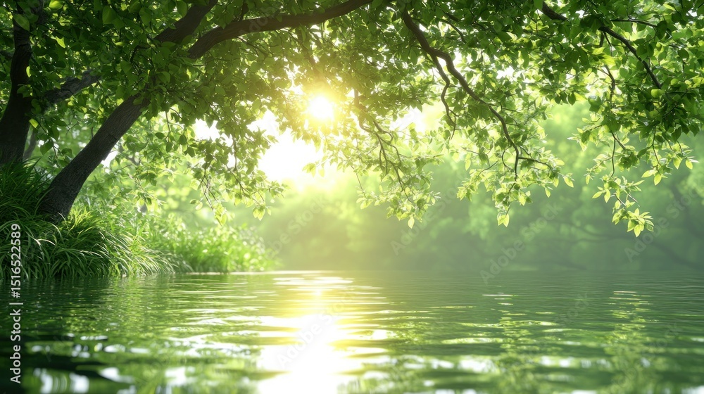 Fototapeta premium Sunlight streams through lush foliage over a tranquil river