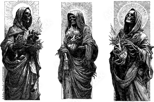 Sorrowful female skeleton saint, draped in flowing robes, highly detailed black engraving style, anatomical heart