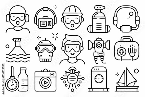 High quality line icon set depicting snorkeling scuba diving and diving equipment