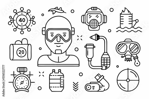High quality line icons for snorkeling scuba diving and underwater activities