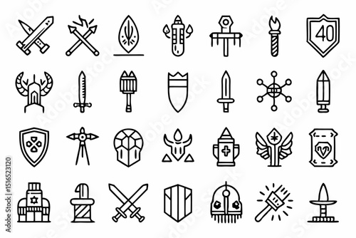 High quality line icon set featuring a sword warrior sword blades and related weaponry
