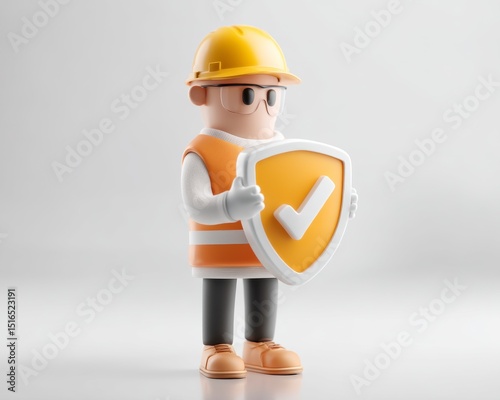 Cartoon Construction Worker Holding Safety Shield in Bright Colors