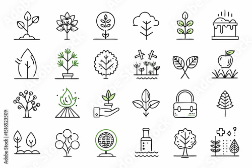 A single line icon depicting tree planting plant growth and drought related concepts